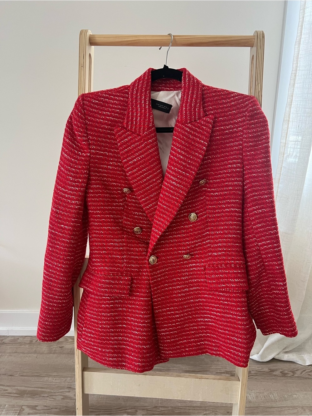 Zara Red Textured Double-Breasted Blazer with Gold Buttons